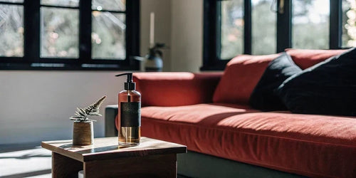 Room spray on a wood table in a modern living room